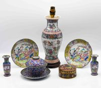 A group of Canton enamel wares, 19th century comprising a pair of European Subject saucers,