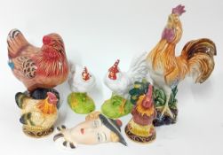 A collection of ceramic chickens, together with a an art deco style woman's head wall hanging. (7)