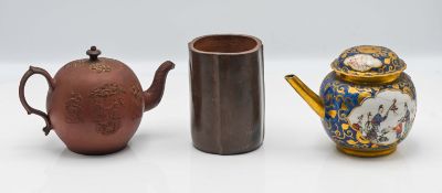 Two teapots, the first a Meissen stye Yixing teapot and cover, of globular form, impressed around