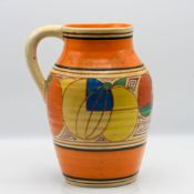 A Clarice Cliff 'Melon/Picasso Fruit' pattern 'Lotus' shape single handled vase, Fantasque mark to