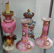 A collection of 19th century porcelain, to include a pair of pink ground candlesticks, a pink