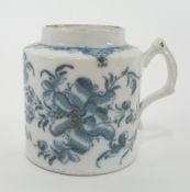 An 18th century porcelain mustard pot, possibly First Period Worcester, missing lid, decorated