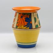 A Clarice Cliff 'Umbrellas and Rain' pattern vase in 'Tolphin' shape, Fantasque mark to base, height