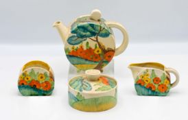A Clarice Cliff 'Bon Jour' teapot, milk jug, sugar bowl and jam pot, in 'Sandon' pattern, Bizarre
