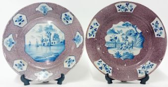 Two 18th century English Delft plates, of painted blue landscape and Chinaman beckoning to bird,