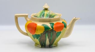 A Clarice Cliff 'Delicia Citrus' style pattern teapot, Bizarre and Crocus mark to base.