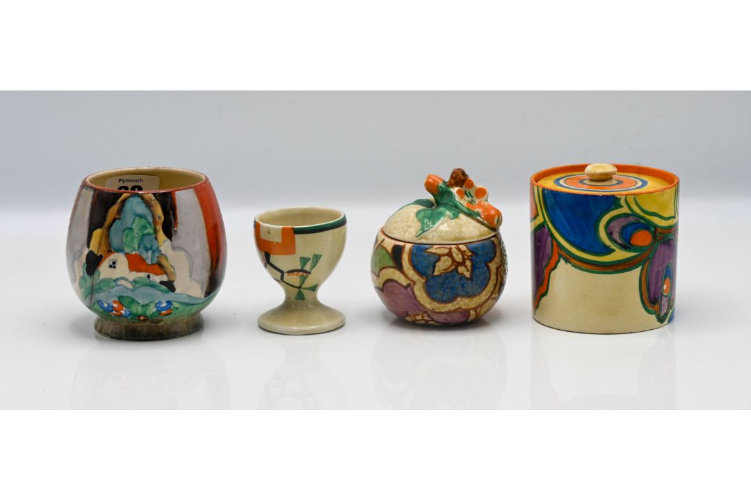 A Clarice Cliff 'Gardenia' preserve pot, together with a 'Ravel' pattern egg cup, a 'Secrets' - Image 1 of 5