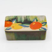 A Clarice Cliff 'Delicia Citrus' pattern lidded box, approx 9cm x 14cm x 4cm.
