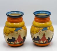 A Clarice Cliff pair of vases in 'Summerhouse' pattern, Fantasque mark to base, height approx 20.