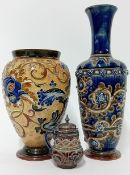 A collection of Doulton Lambeth pottery, to include a mustard pot and two vases, one inscribed to