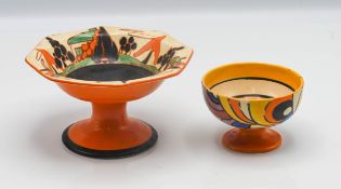 A Clarice Cliff 'Trees and House' pattern raised bowl, together with another. (2)