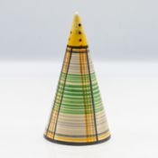 A Clarice Cliff 'Tartan' pattern conical sugar sifter, Bizarre mark to base, circa 1930s.