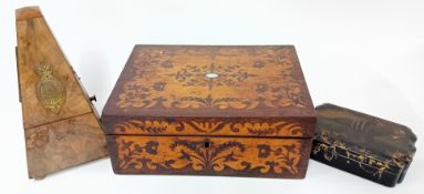 A burr walnut metronome by Maelzel of London, together with a wooden box with mother of pearl