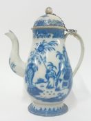An 18th century tin-glazed earthenware coffee pot, blue and white decoration of Chinese figures in
