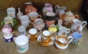 A collection of miniature jugs and cups, to include royal commemorative pieces, character jugs,