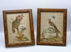 A pair of Chinese silk embroidered pictures, 19th century, one finely decorated with a parrot and