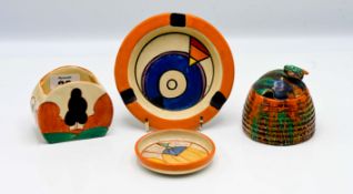 A Clarice Cliff 'Bon Jour' shape sugar bowl in 'Trees and House' pattern, together with a 'Melon/