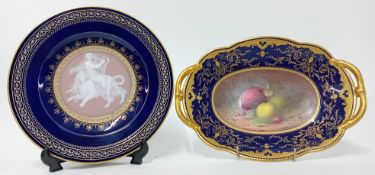 A Meissen porcelain cobalt-blue ground cabinet plate, enamelled in Limoges enamel stye with a