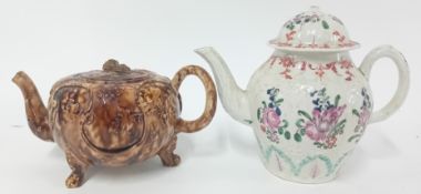Two 19th century teapots, of floral painted and moulded decoration. (2)