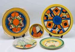 Five Clarice Cliff plates, various sizes and patterns, to include a 'Secrets' pattern tea plate, '