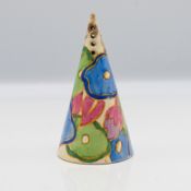 A Clarice Cliff 'Blue Chintz' pattern conical sugar sifter, Fantasque mark to base.