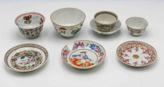 A European-subject tea-bowl and saucer, 18th century, decorated in ‘famille-rose’ and en grisaille