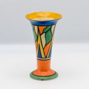 A Clarice Cliff trumpet flower vase, abstract pattern of blue and yellow triangles among curved