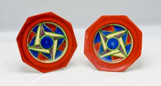 Two Clarice Cliff side plates, geometric blue and red triangles shuriken pattern, handwritten signed