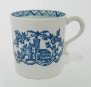 An 18th century porcelain mug of cylindrical form, probably Lowestoft, chapel and bridge