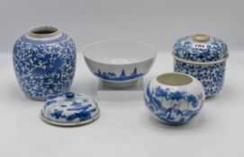 A group of blue and white wares, Kangxi and later comprising; a potiche and cover decorated