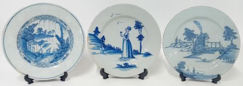 Three 18th century English Delftware plates, to include a bianco sopra bianco plate with Chinese