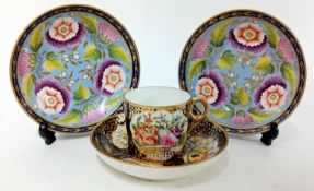 An early 18th century Minton teacup and saucer, together with a pair of saucers (unmarked). (4)