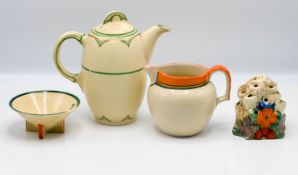 A Clarice Cliff 'Gayday' pattern hat pin stand, together with a green and gilt coffee pot, a bowl