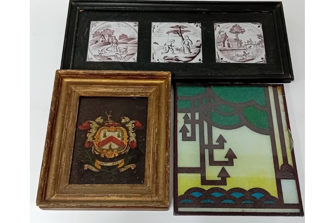 A collection of stained glass roundels, windows, etc, together with a coat of arms painting, and - Image 3 of 4