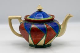 A Clarice Cliff 'Athens' shape tea pot, in 'Harlequin' style pattern of blue and red diamonds.