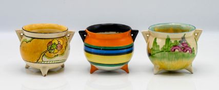 Three Clarice Cliff double handled vases, to include 'Liberty Stripe' pattern and two others. (3)