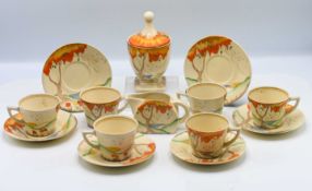 A Clarice Cliff 'Orange Taormina' pattern tea service, to include 'Bon Jour' shape milk jug, six