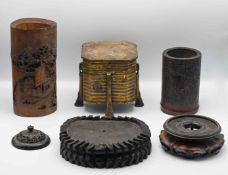 A fine bamboo brush pot, 17th/18th century, finely carved on one side with a panel of a deer in a