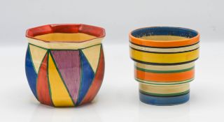 A Clarice Cliff 'Chester' pattern octagonal fern pot, together with another fern pot of striped