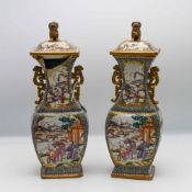 A pair of Mandarin Palette baluster vases and covers, Qianlong, circa 1785, each of rectangular