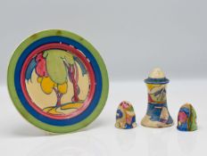 Three Clarice Cliff 'Blue Chintz' pattern salt and pepper shakers, together with a 'Pastel Autumn'