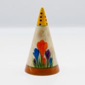 A Clarice Cliff 'Crocus' pattern conical sugar sifter, Bizarre and mark to base, circa 1930s.