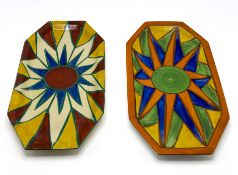Two Clarice Cliff eight-sided platters in geometric 'Harlequin' style pattern. (2)