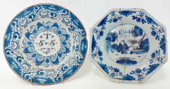 A 17th century English Delftware octagonal plate, inscribed 'E.H, 1687' with seated Chinaman