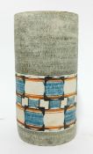 A Troika pottery cylindrical vase with geometric decoration by marked 'Troika Cornwall Ho'.