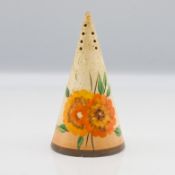 A Clarice Cliff conical sugar sifter, Bizarre mark to base, 'Rhodanthe' style pattern.