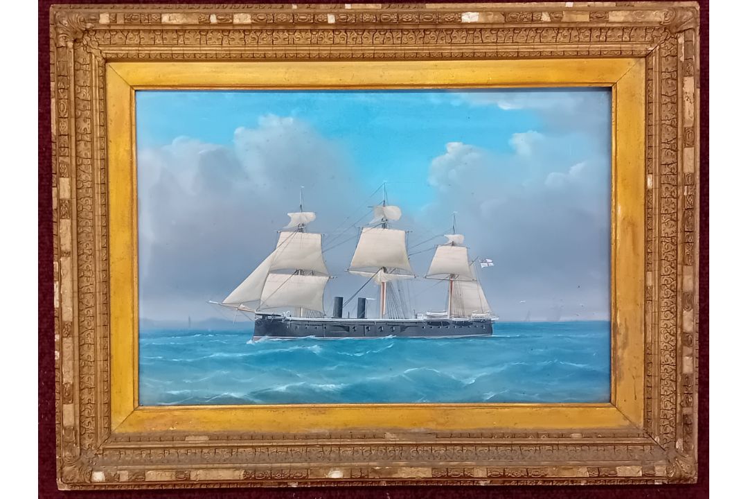 A 19th century gouache ship portrait of a steamship, unsigned, subject size 30cm x 45cm, framed
