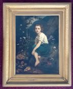 An oil on board of a young girl among flowers (board split), unsigned, subject size 52cm x 39cm,