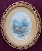 T. Dinyle pin (?), watercolour of houses among flowers, signed lower right, subject height 42cm,
