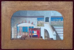 A watercolour interior scene of a bedroom, subject size approx 29cm x 50cm, framed and glazed.